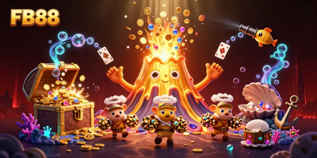 Experience exciting wins at FB88 with a treasure-filled eruption from a golden volcano