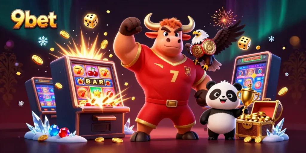 Experience the excitement of 9bet with a victory scene featuring vibrant casino elements and characters.