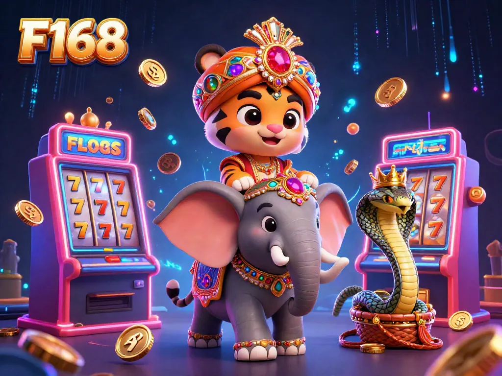 Experience F168's vibrant online casino atmosphere with 3D characters and slot machines.