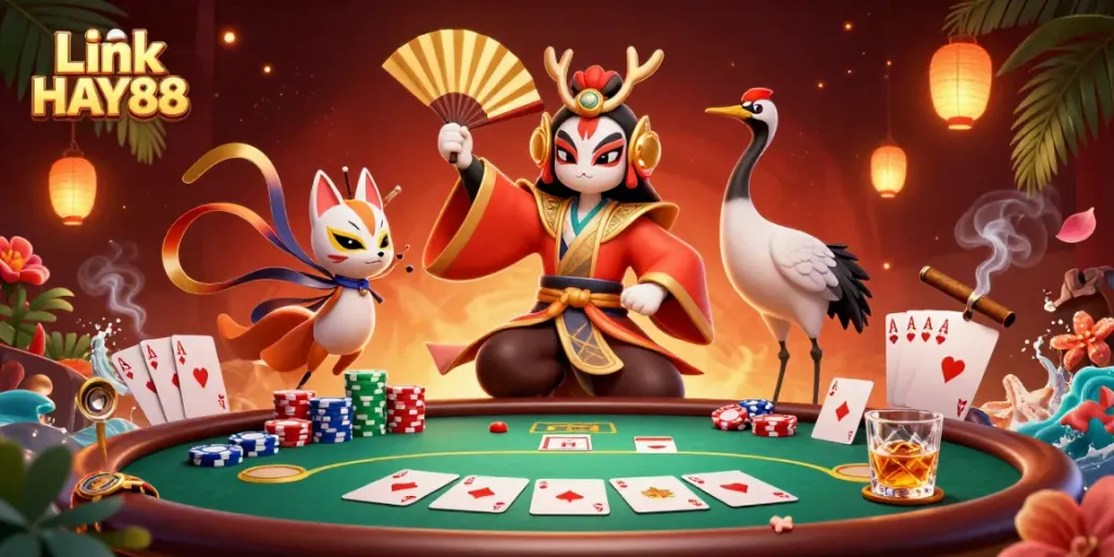 Join the excitement with Link HAY88 at a dynamic poker scene featuring thrilling characters and vibrant casino elements.