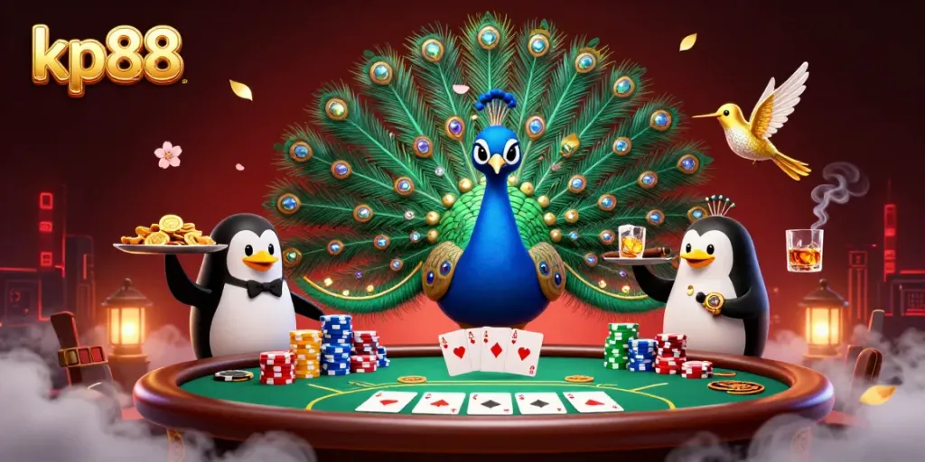 Engage with kp88 casino action featuring a 3D peacock, penguin butler, and hummingbird amidst poker elements.