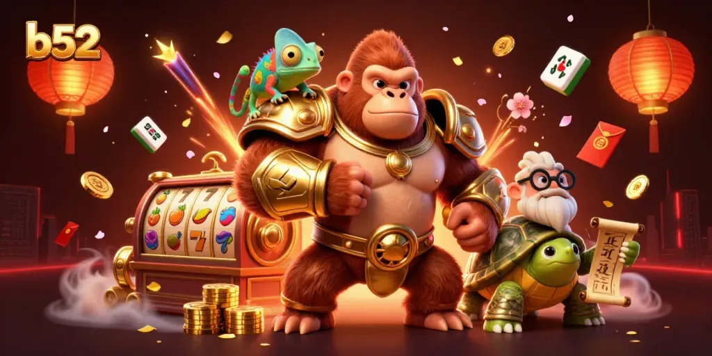 Spin the reels with b52's vibrant 3D characters in a colorful casino scene filled with action.