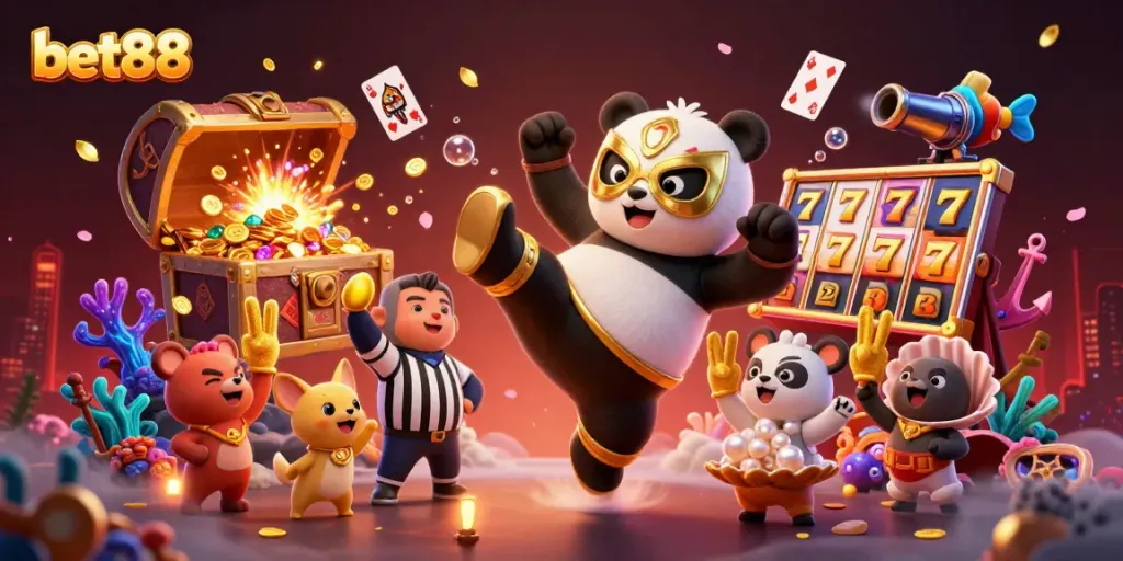 Experience the excitement of bet88 with a vibrant 3D scene featuring a panda wrestler amidst a celebratory crowd.