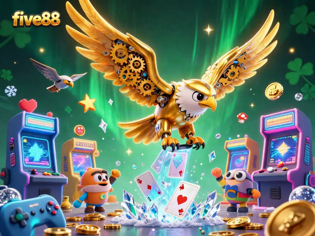Elevate your five88 gaming experience with a dynamic 3D visual of a cybernetic eagle amidst casino elements.