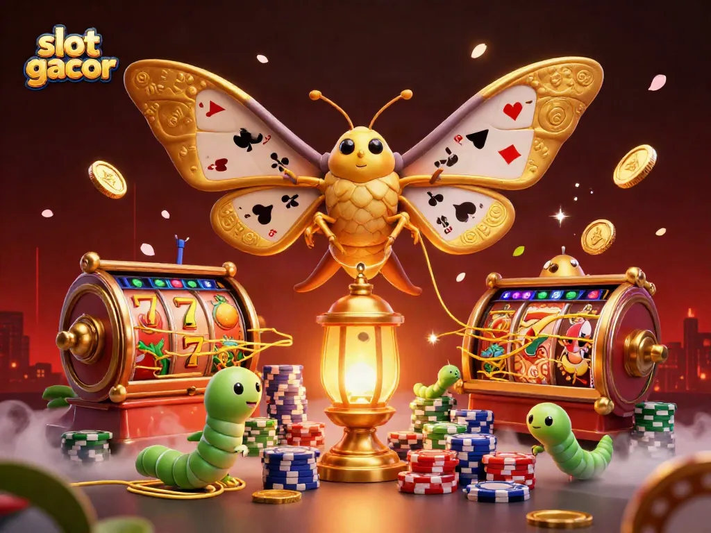 Engage in exciting gameplay with slot gacor reels and vibrant casino scenes featuring golden moths.