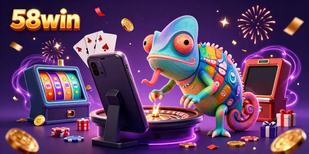 Experience the vibrant world of 58win with a chameleon casino owner and thrilling gaming elements.