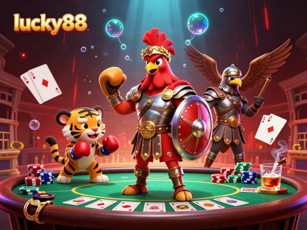 Engage with the thrilling atmosphere of lucky88, showcasing a gladiator rooster amidst a rich casino scene.