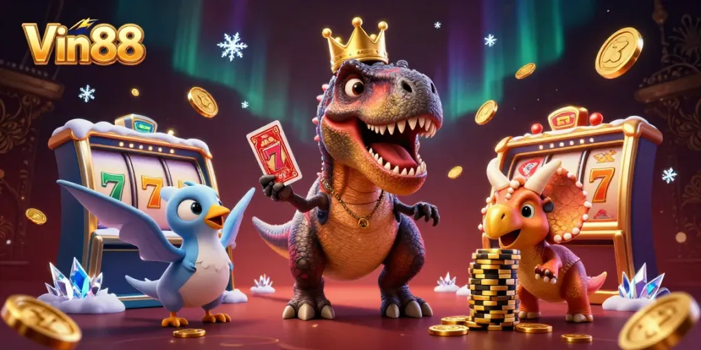 Win big with exciting games at Vin88's vibrant casino featuring animated dinosaurs.