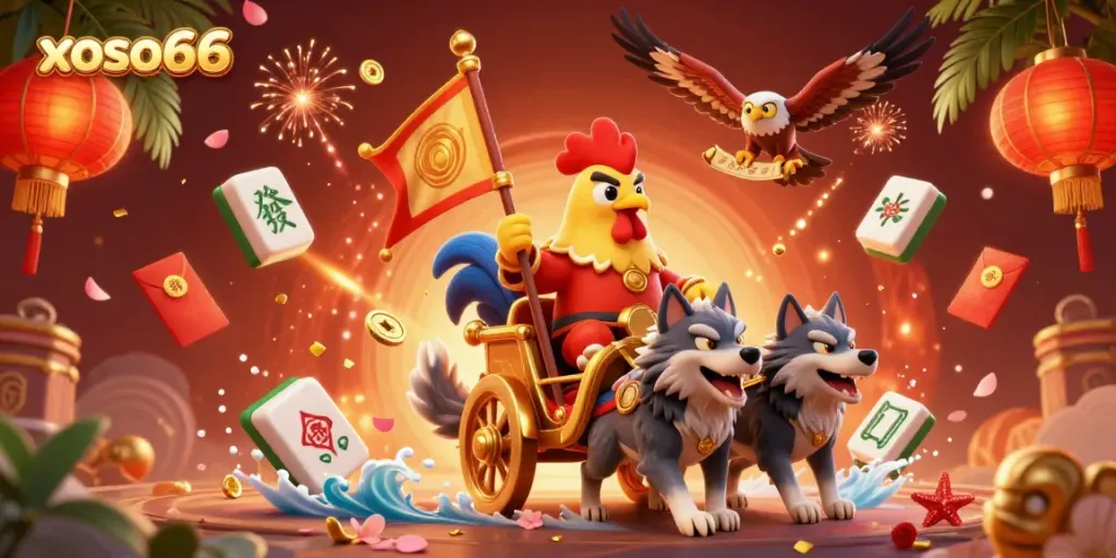 Engage with xoso66's vibrant scene featuring a rooster warlord, firework effects, and festive elements.