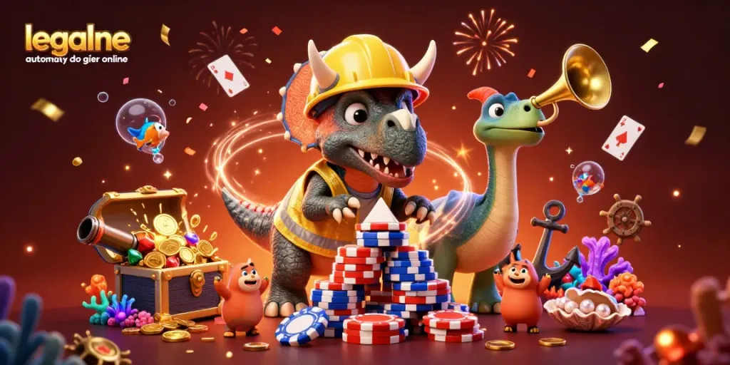 Play exciting legalne automaty do gier online with colorful characters celebrating amidst treasure explosions.