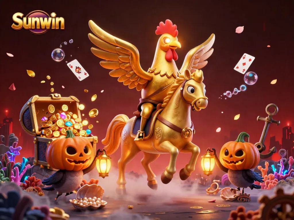 Experience the excitement of Sunwin with the golden rooster and unique characters in a vibrant casino scene.
