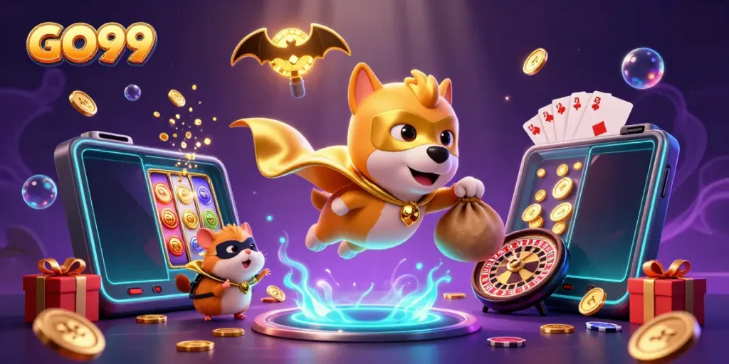 Experience GO99's thrilling casino adventure with a superhero dog carrying gold coins.