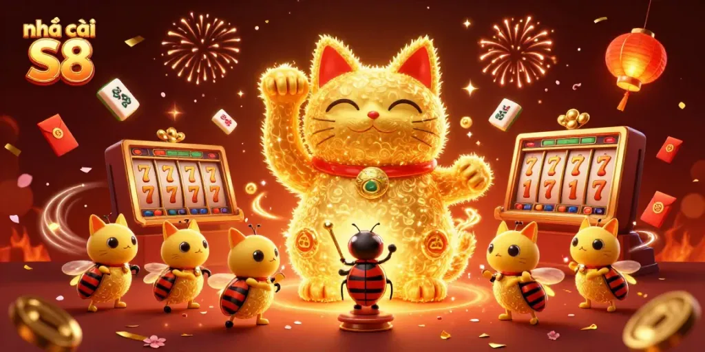 Engage with the thrilling atmosphere of nhà cái S8, featuring a lucky cat and casino action