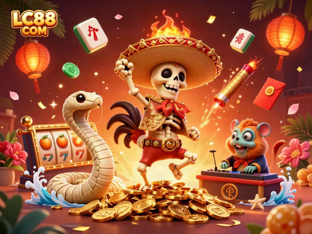 Engage with vibrant casino fun featuring LC88 COM, a joyful mariachi rooster and dynamic gaming elements.