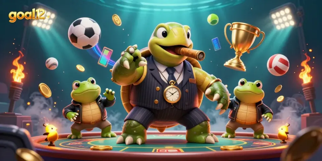 Engage with goal123 in a vibrant casino scene featuring a snapping turtle mobster and bullfrog enforcers.