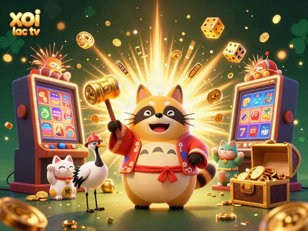 Join the fun with xoi lac tv's lively illustration showcasing a cheerful tanuki and lucky charms amidst a jackpot explosion.