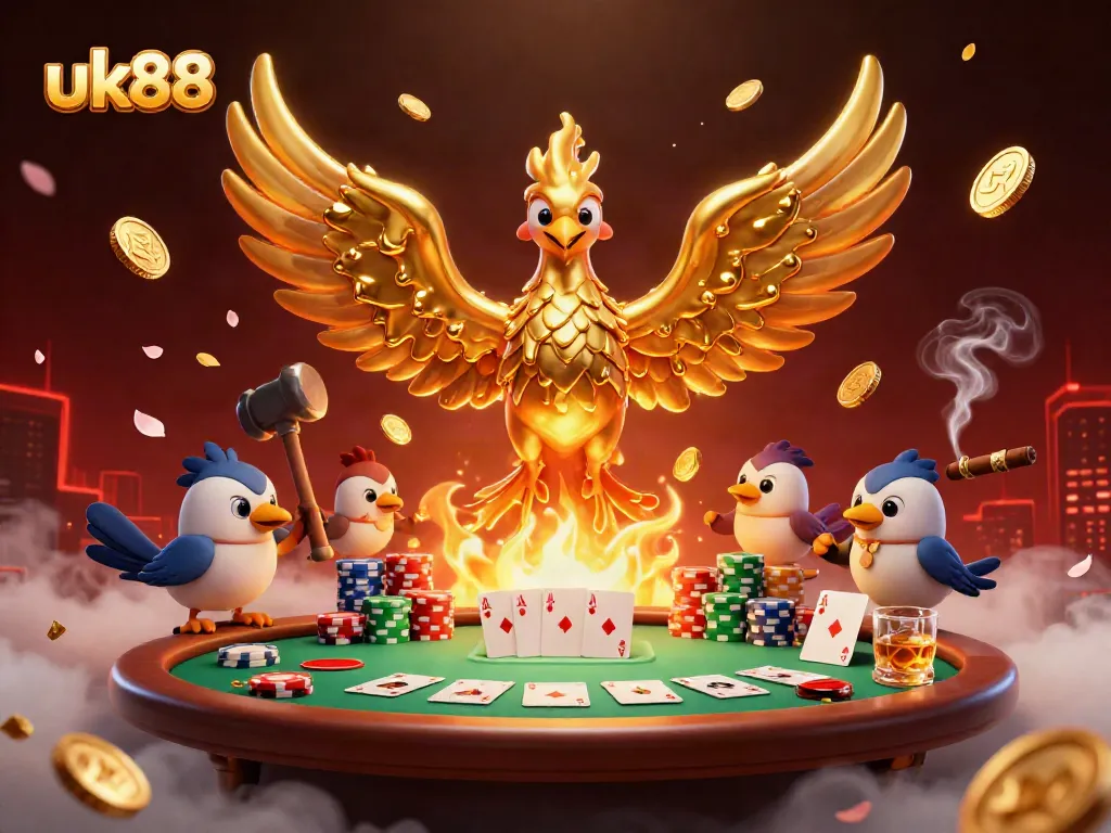 Experience the thrill of uk88 with a vibrant casino scene featuring a golden phoenix and poker elements.
