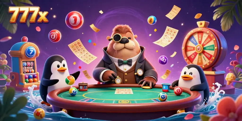 Experience the thrill of 777x with a jolly walrus at an underwater poker table surrounded by vibrant lottery elements.