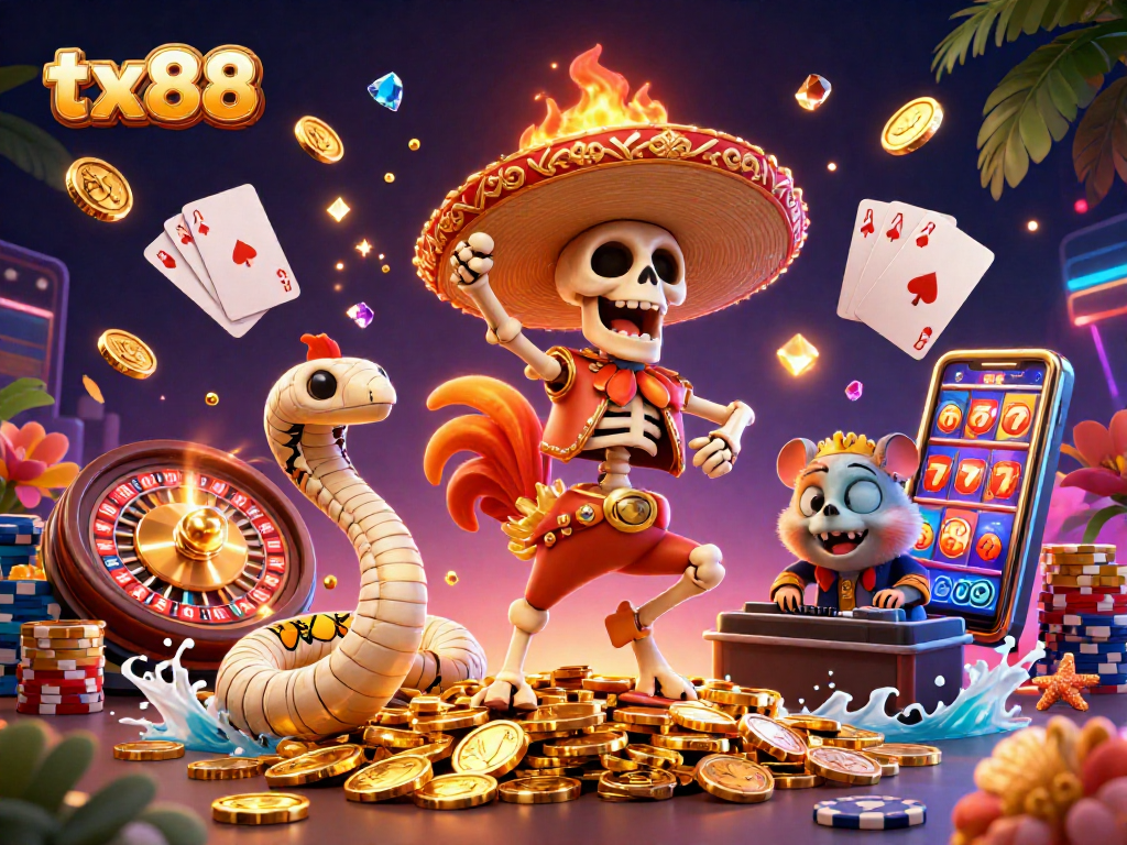 Experience thrilling gaming action with tx88’s dynamic casino scene featuring lucky symbols and vibrant characters.