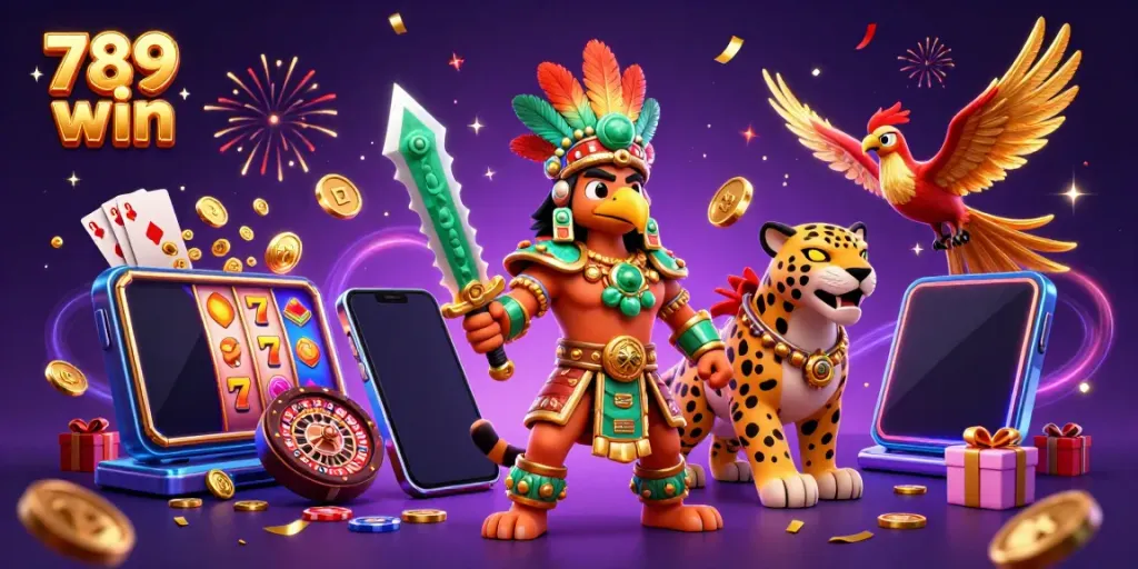Engage and play with 789 win on an exciting 3D casino illustration featuring Aztec themed characters.