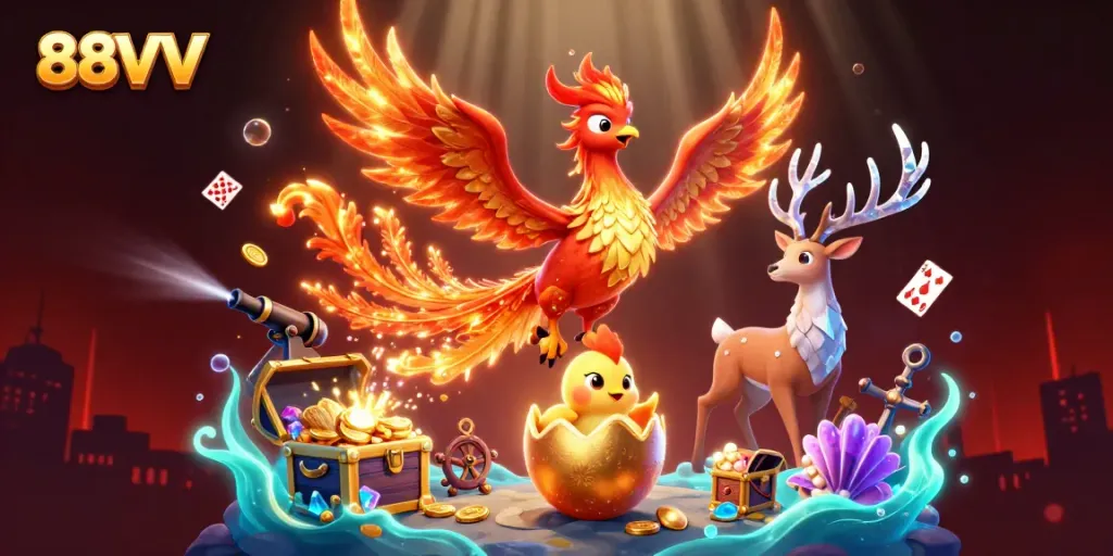 Engage with 88VV's dynamic casino scene featuring a fiery phoenix and treasure-filled underwater elements.