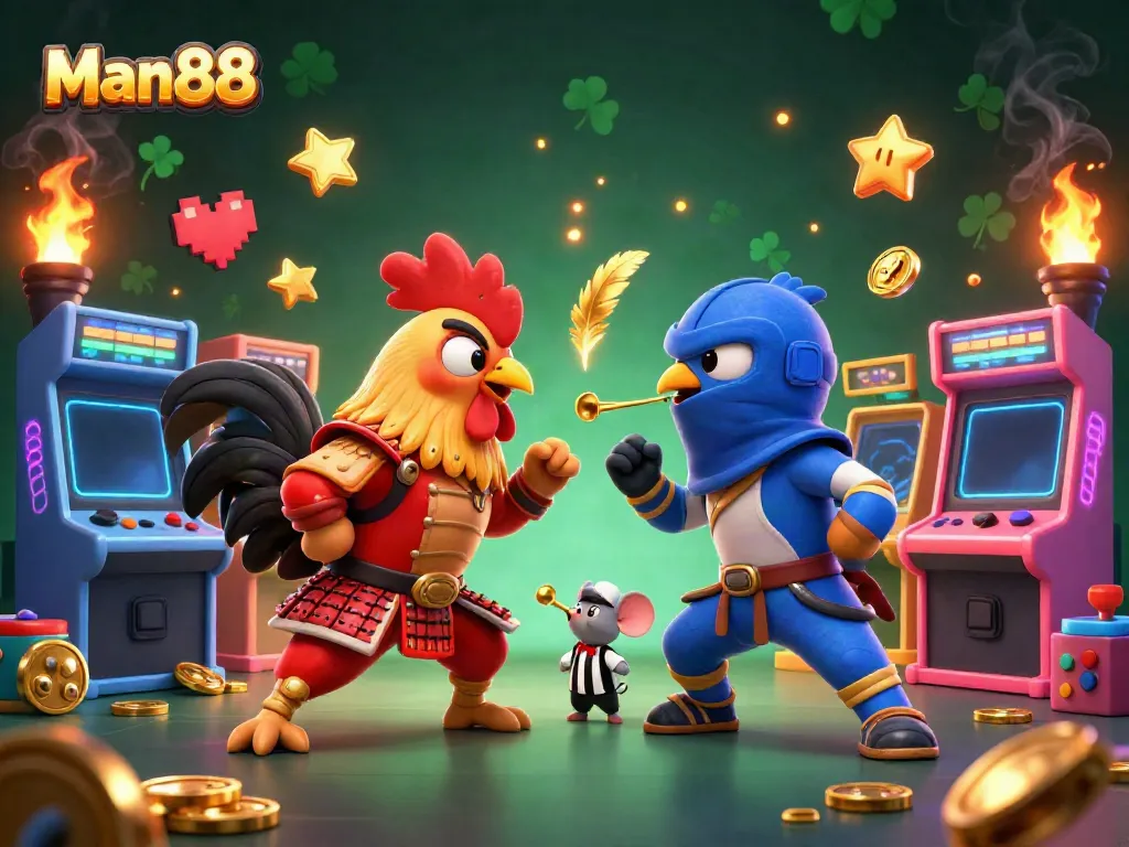 Man88 features thrilling roosters facing off in an intense gaming action scene with vibrant arcade elements.