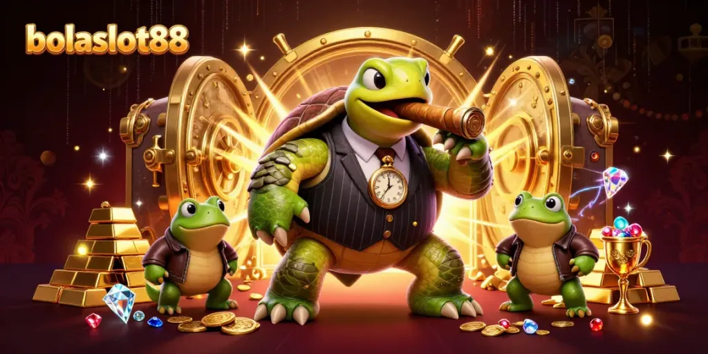 Bolaslot88 showcases a vibrant casino scene with a cartoon turtle mobster and frog enforcers, symbolizing luck and fun.