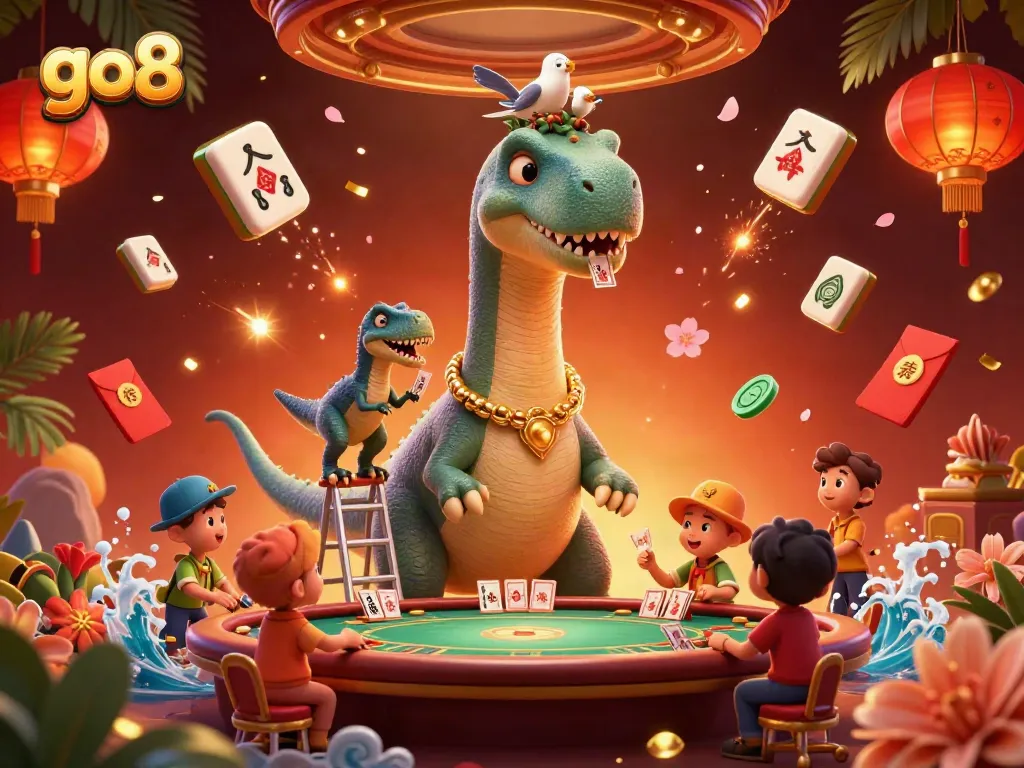 Experience the go8 casino magic through a tall brontosaurus and clever raptor in a vibrant casino scene.