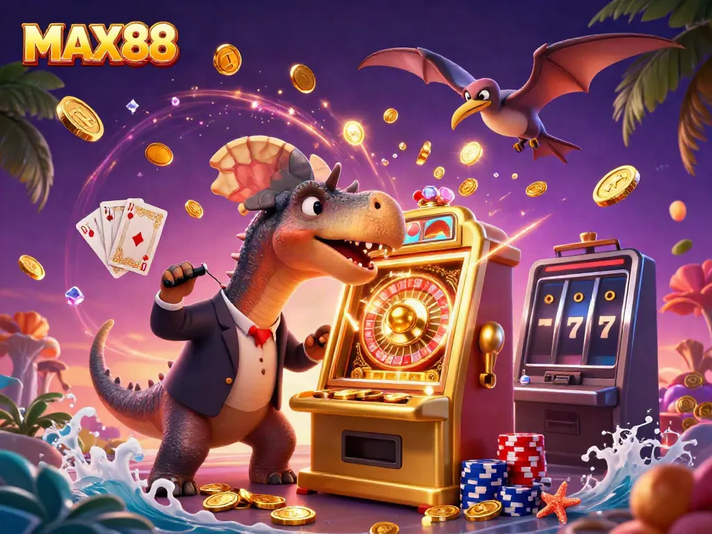 Experience big wins at MAX88 with a 3D pachycephalosaurus jackpot scene, coins and excitement!