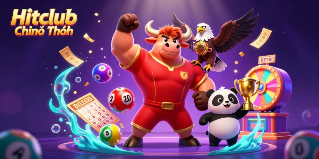 Experience the excitement of Hitclub Chính Thức with a vibrant depiction of a bull mascot, eagle, and panda celebrating casino games.