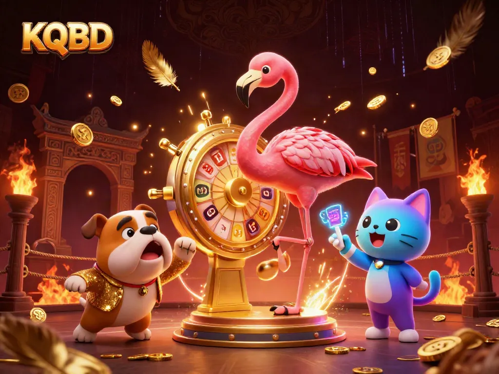 Experience KQBD excitement with a vibrant game show scene featuring a spinning prize wheel, colorful characters, and casino elements.