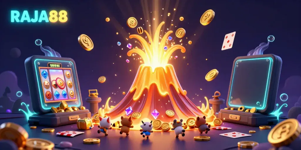 Experience RAJA88's thrilling slot adventure with golden treasures and dynamic gaming elements.