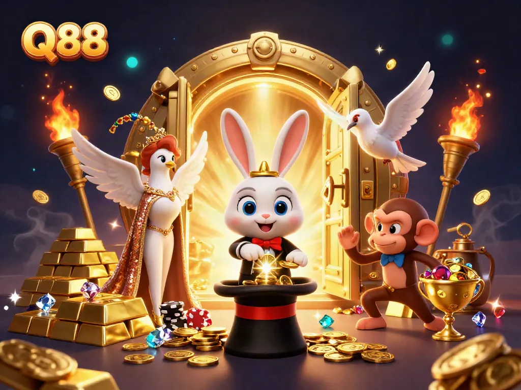 Experience the magic of winning with Q88’s colorful casino adventure featuring animated characters.