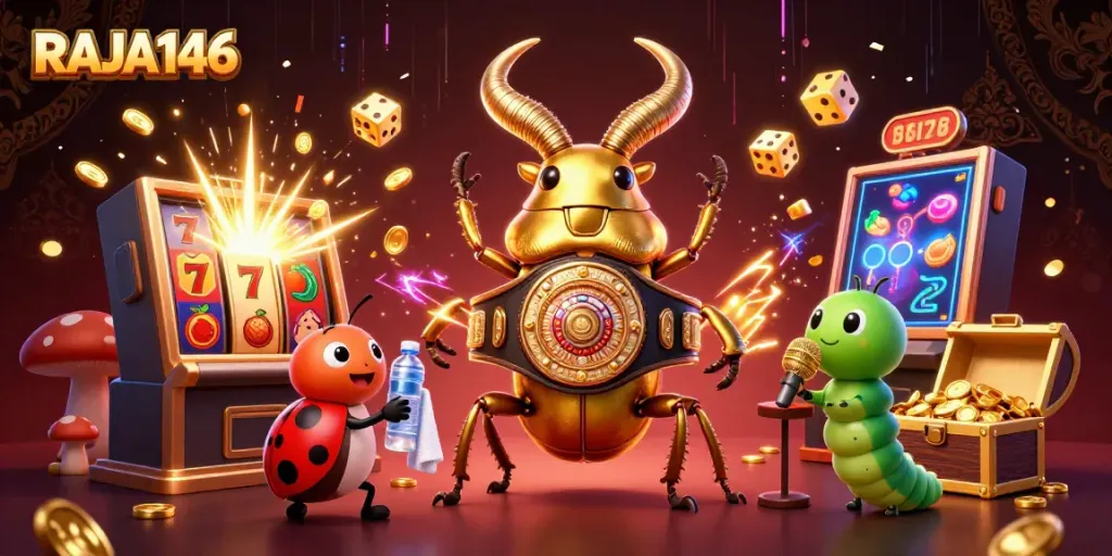 RAJA146 showcases a dynamic slot and casino scene with a golden stag beetle and vibrant game elements.