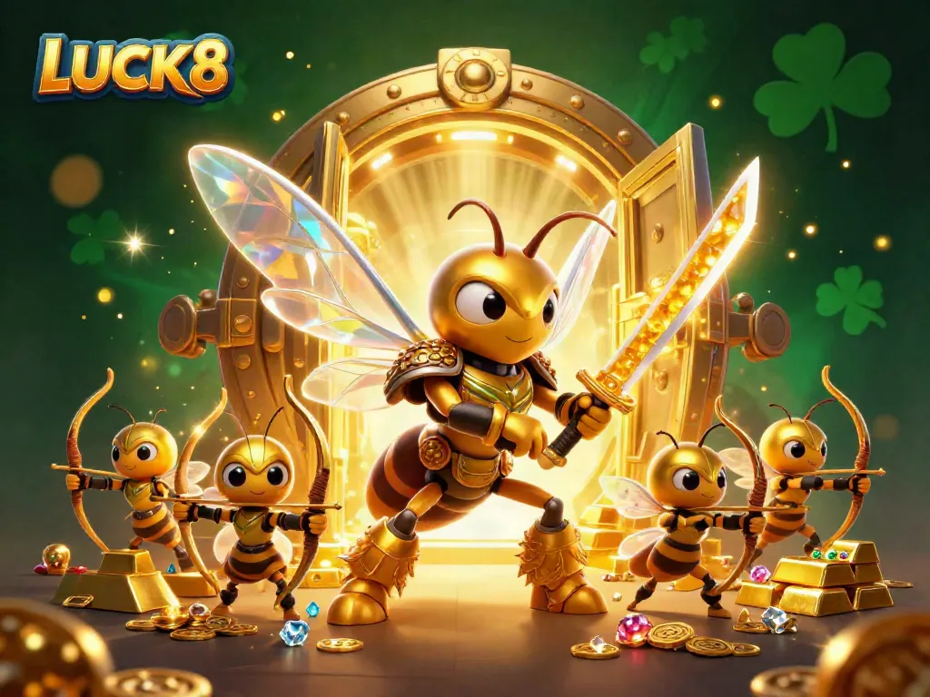Experience the exciting world of LUCK8 with a vibrant 3D illustration featuring a hornet warrior and treasure elements.