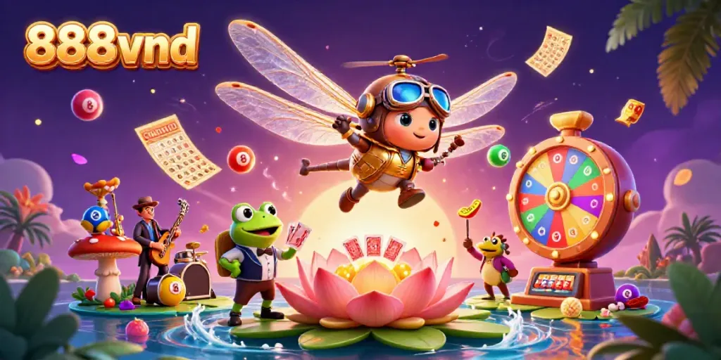 Experience dynamic gaming at 888vnd with a dragonfly pilot, frog dealer, and vibrant lottery elements.