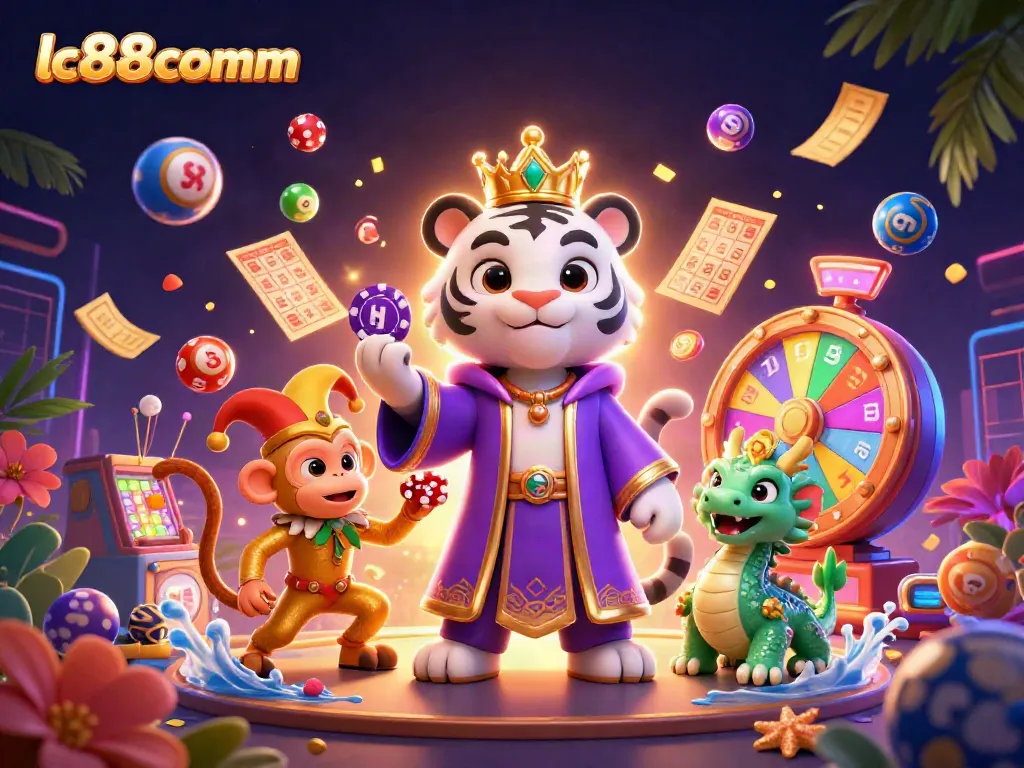 Engage with lc88comm's lively casino atmosphere, featuring a royal tiger, a jester monkey, and vibrant gaming elements.