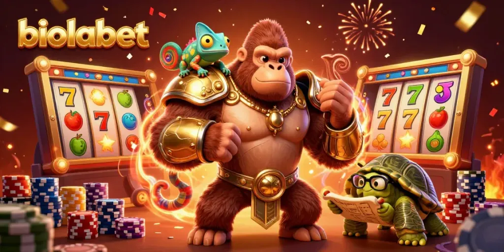 Engage with biolabet's thrilling slots in this vibrant 3D casino scene featuring characters and jackpot elements.