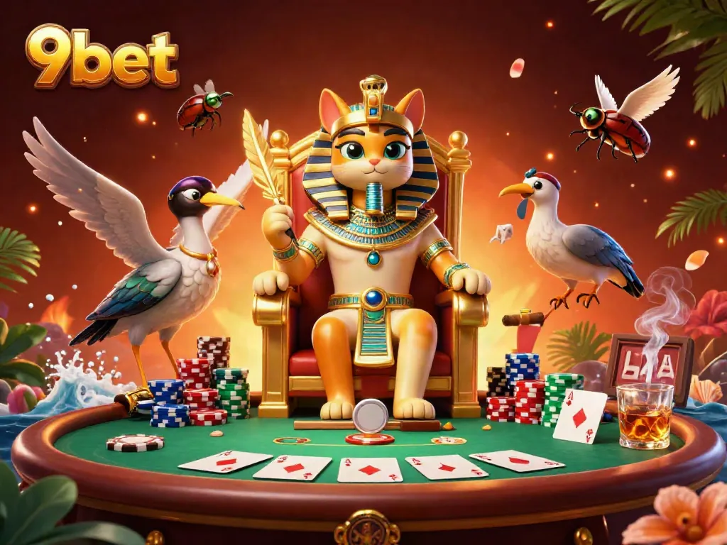 Engage in thrilling poker gameplay with 9bet featuring a pharaoh cat and riches in a vibrant 3D scene.