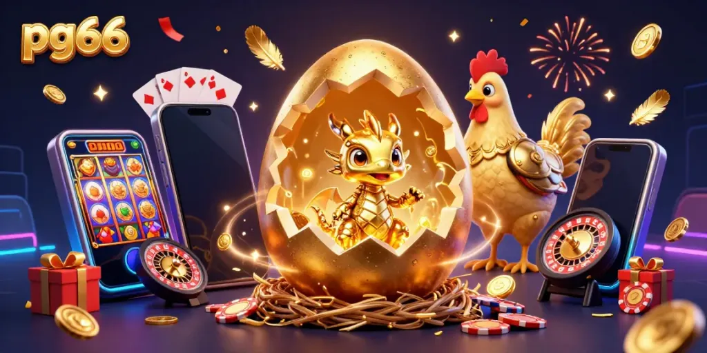 Engage with pg66's dynamic casino world, featuring a golden dragon and vibrant gaming elements amidst fireworks.