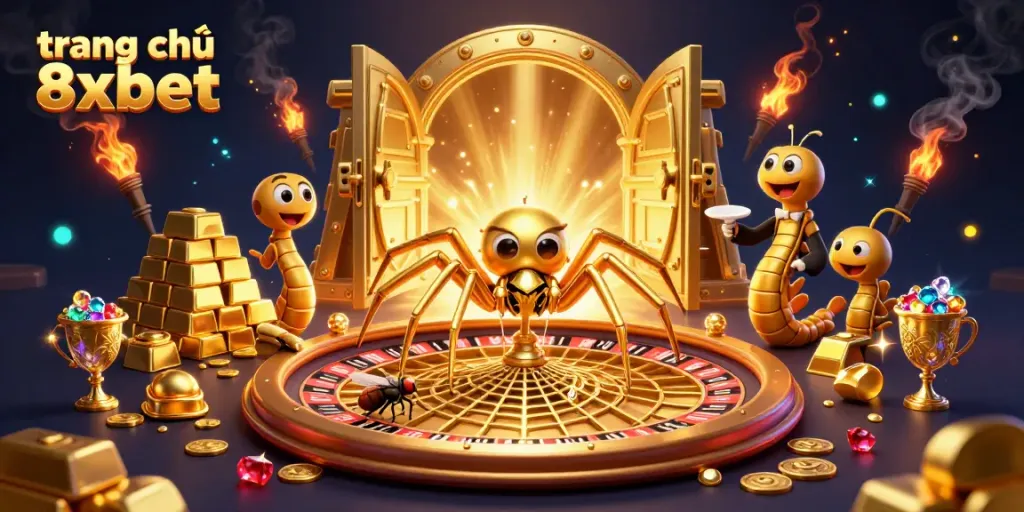 Spin the roulette on trang chủ 8xbet with a golden spider and nervous fly in this dynamic casino scene.