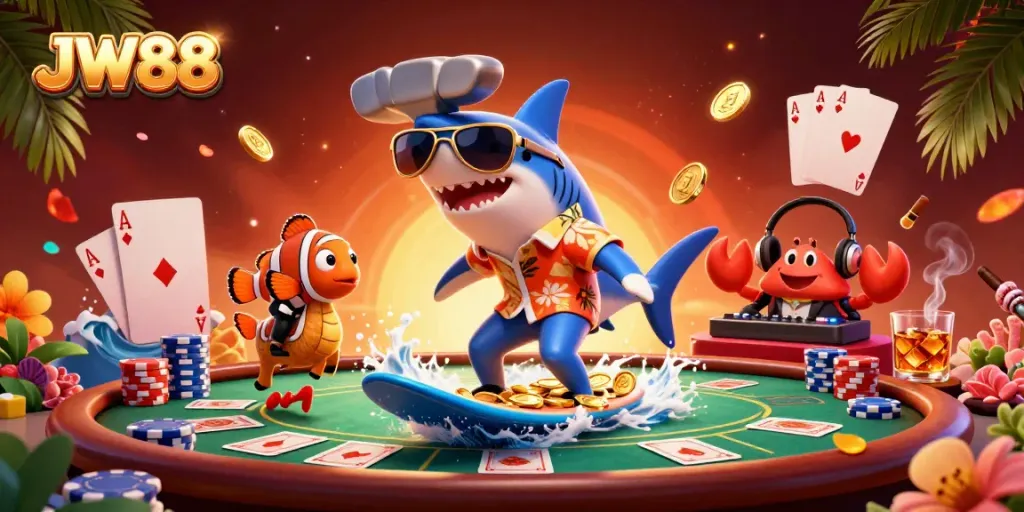 Experience fun and winning at JW88 with dynamic casino gaming scenes featuring playful characters and colorful elements.