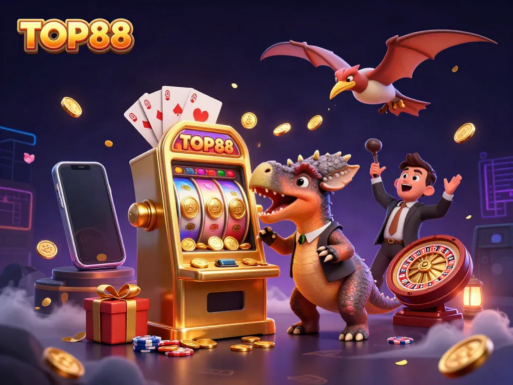 Experience the excitement of TOP88 with a dynamic illustration of a dinosaur hitting a slot machine and showering coins.