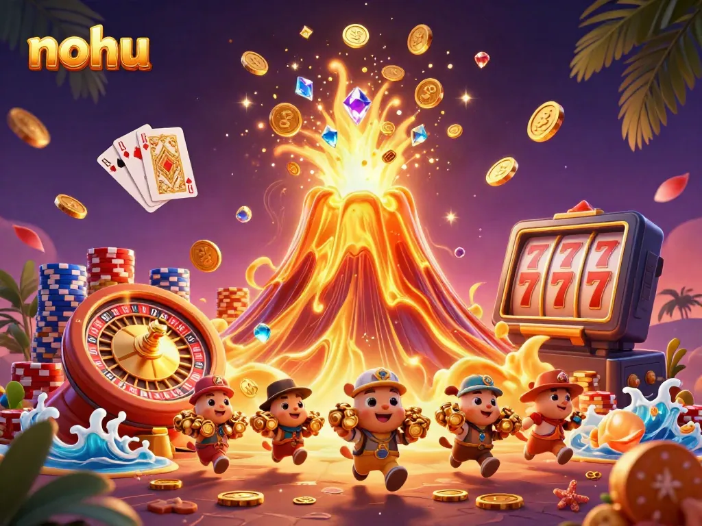 Nohu exploding with treasure, showcasing vibrant scenes of winnings with casino elements.