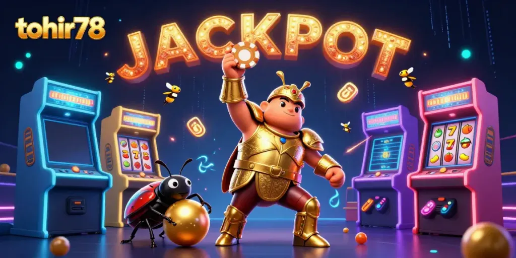Spin fortunes with tohir78 featuring a victorious beetle, jackpot elements, and vibrant casino graphics.