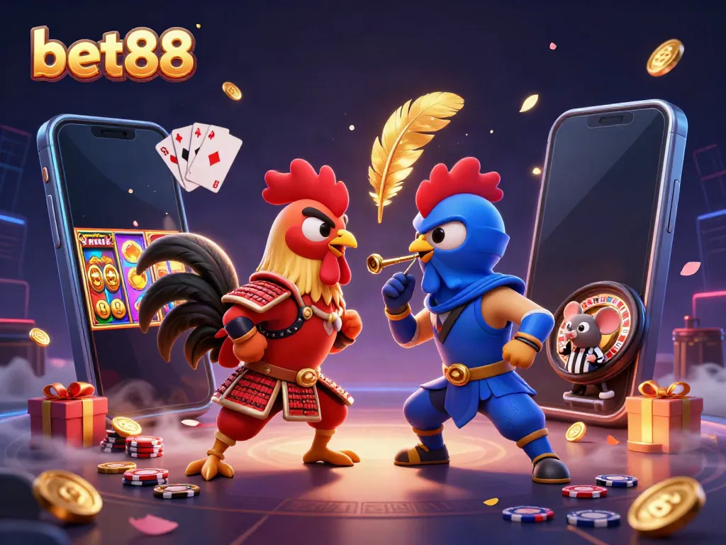 Engage in thrilling action at bet88 with dynamic roosters in a dramatic duel amidst vibrant casino elements.