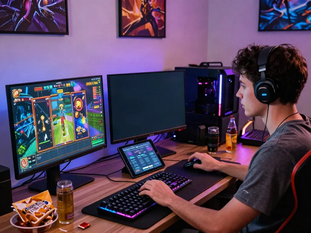 Engaged player on a gaming setup enjoying slot games with server Thailand technology.