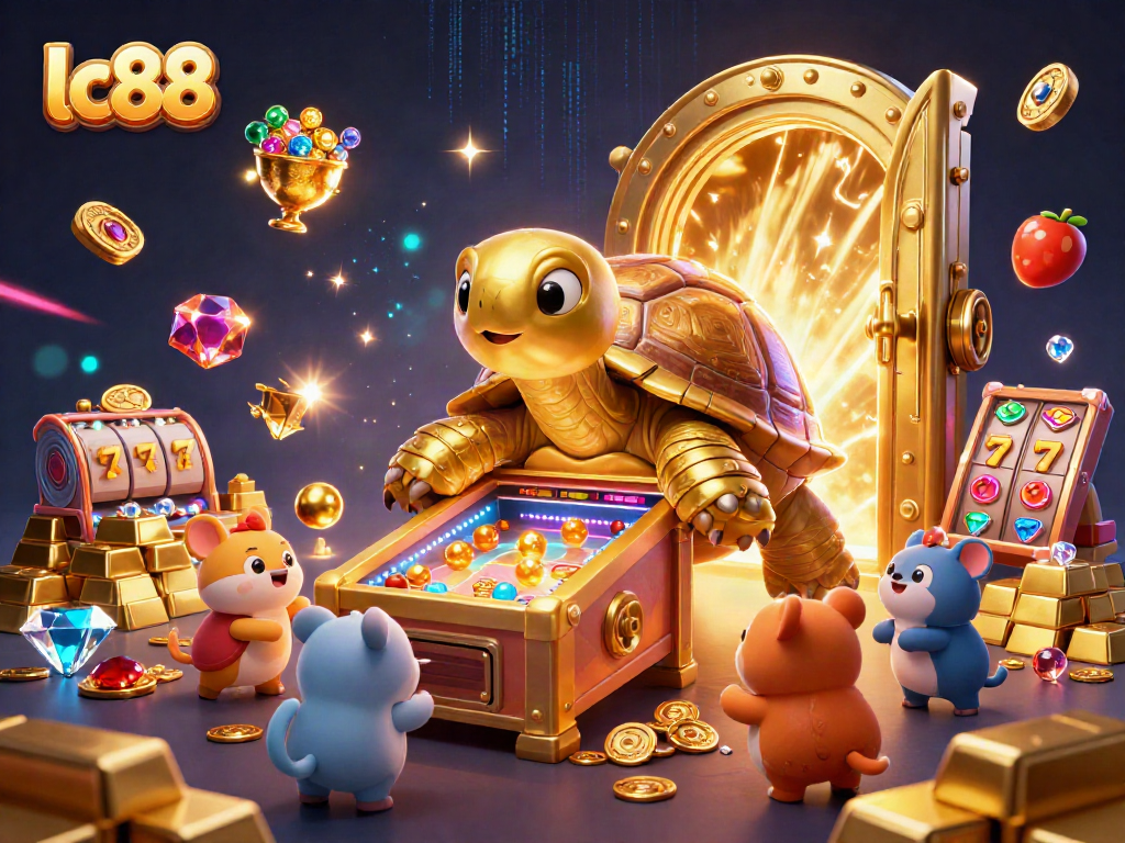 Engage with the vibrant lc88 casino scene, where a golden tortoise hosts a lively pinball game amidst treasures.