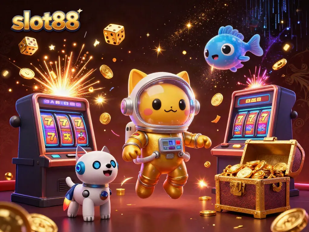 Experience winning moments with slot88 in this colorful casino-themed illustration showcasing dynamic gameplay elements.