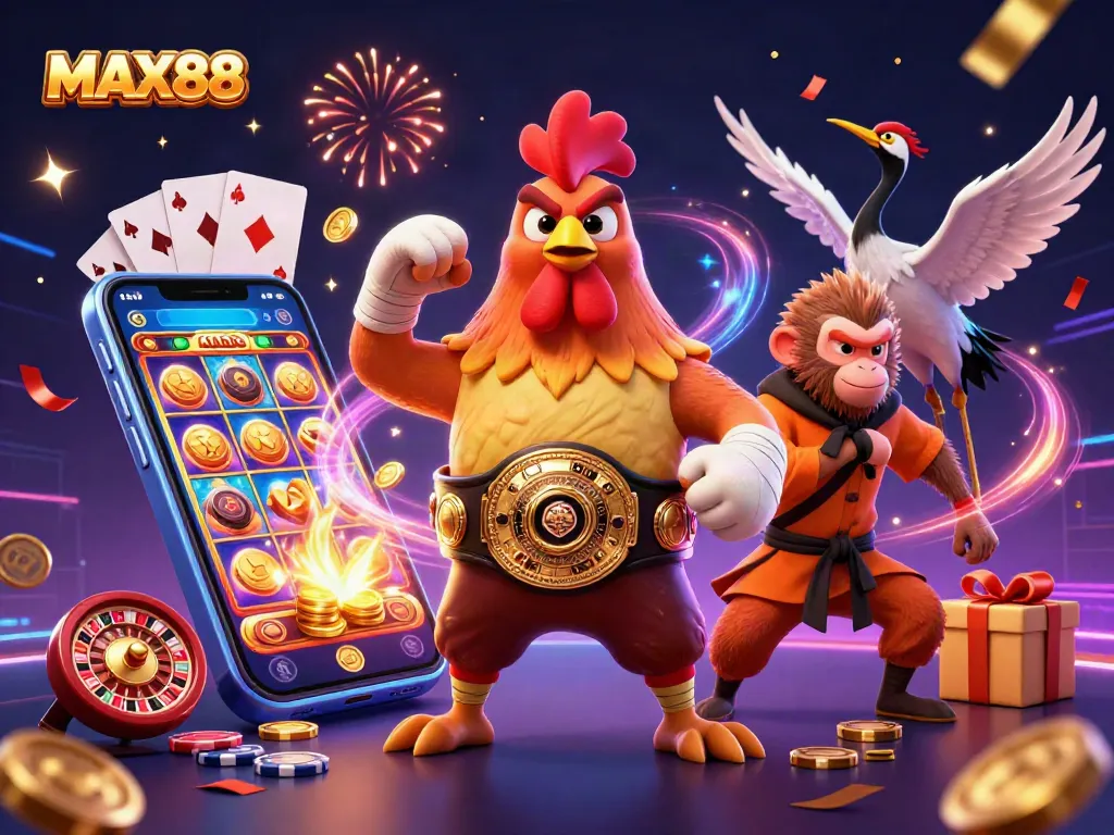 MAX88 showcases a vibrant casino scene with a Muay Thai rooster, Shaolin monkey, and wise crane amidst festive gambling elements.